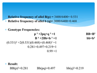 Relative frequency of allel B(p) = 3400/6400= 0.531
 Relative frequency of allel b (q)= 3000/6400=0.468
 Genotype Frequencies:
p ² +2pq+q ² =1 BB=B²
B ² +2Bb+b ² =1 bb=b²
(0.531)² +2(0.531)(0.468)+(0.468)² =1
0.281+0.497+0.219=1
0.99 ≈1
 Result:
BB(p)²=0.281 Bb(pq)=0.497 bb(q)²=0.219
 