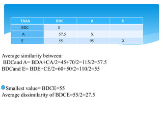 TAXA BDC A E
BDC X
A 57.5 X
E 55 95 X
Average similarity between:
BDCand A= BDA+CA/2=45+70/2=115/2=57.5
BDCand E= BDE+CE/2=60+50/2=110/2=55
Smallest value= BDCE=55
Average dissimilarity of BDCE=55/2=27.5
 