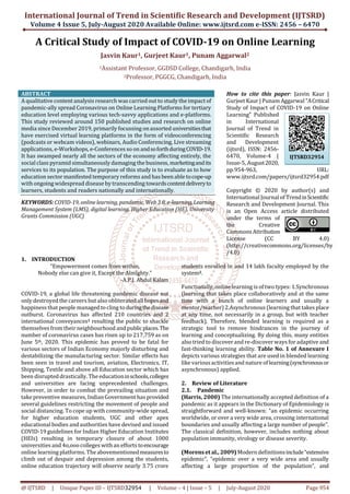 International Journal of Trend in Scientific Research and Development (IJTSRD)
Volume 4 Issue 5, July-August 2020 Available Online: www.ijtsrd.com e-ISSN: 2456 – 6470
@ IJTSRD | Unique Paper ID – IJTSRD32954 | Volume – 4 | Issue – 5 | July-August 2020 Page 954
A Critical Study of Impact of COVID-19 on Online Learning
Jasvin Kaur1, Gurjeet Kaur1, Punam Aggarwal2
1Assistant Professor, GGDSD College, Chandigarh, India
2Professor, PGGCG, Chandigarh, India
ABSTRACT
A qualitative content analysis research was carried out to study the impact of
pandemic-ally spread Coronavirus on Online Learning Platforms for tertiary
education level employing various tech-savvy applications and e-platforms.
This study reviewed around 150 published studies and research on online
media since December 2019, primarily focussing onassorted universitiesthat
have exercised virtual learning platforms in the form of videoconferencing
(podcasts or webcam videos), webinars, Audio Conferencing, Live streaming
applications, e-Workshops, e-Conferences so on andsoforthduringCOVID-19.
It has swamped nearly all the sectors of the economy affecting entirely, the
social class pyramid simultaneously damaging the business, marketingandits
services to its population. The purpose of this study is to evaluate as to how
education sector manifested temporary reforms and has been able tocope-up
with ongoingwidespread disease bytranscending towardscontentdeliveryto
learners, students and readers nationally and internationally.
KEYWORDS: COVID-19, online learning, pandemic, Web 3.0, e-learning,Learning
Management System (LMS), digital learning, Higher Education (HE), University
Grants Commission (UGC)
How to cite this paper: Jasvin Kaur |
Gurjeet Kaur | Punam Aggarwal "ACritical
Study of Impact of COVID-19 on Online
Learning" Published
in International
Journal of Trend in
Scientific Research
and Development
(ijtsrd), ISSN: 2456-
6470, Volume-4 |
Issue-5, August2020,
pp.954-963, URL:
www.ijtsrd.com/papers/ijtsrd32954.pdf
Copyright © 2020 by author(s) and
International Journal of TrendinScientific
Research and Development Journal. This
is an Open Access article distributed
under the terms of
the Creative
Commons Attribution
License (CC BY 4.0)
(http://creativecommons.org/licenses/by
/4.0)
1. INTRODUCTION
“Empowerment comes from within,
Nobody else can give it, Except the Almighty.”
-A.P.J. Abdul Kalam
COVID-19, a global life threatening pandemic disease not
only destroyed the careers but also obliterated all hopesand
happiness that people managed to cling to duringthedisease
outburst. Coronavirus has affected 210 countries and 2
international conveyances1 resulting the public to shackle
themselves from their neighbourhood and publicplaces.The
number of coronavirus cases has risen up to 217,759 as on
June 5th, 2020. This epidemic has proved to be fatal for
various sectors of Indian Economy majorly disturbing and
destabilizing the manufacturing sector. Similar effects has
been seen in travel and tourism, aviation, Electronics, IT,
Shipping, Textile and above all Education sector which has
been disrupted drastically. The educationinschools,colleges
and universities are facing unprecedented challenges.
However, in order to combat the prevailing situation and
take preventive measures, IndianGovernment has provided
several guidelines restricting the movement of people and
social distancing. To cope up with community-wide spread,
for higher education students, UGC and other apex
educational bodies and authorities have devised and issued
COVID-19 guidelines for Indian Higher Education Institutes
(HEIs) resulting in temporary closure of about 1000
universities and 4o,ooo colleges withan efforts toencourage
online learning platforms. The abovementionedmeasuresto
climb out of despair and depression among the students,
online education trajectory will observe nearly 3.75 crore
students enrolled in and 14 lakh faculty employed by the
system2.
Functionally, online learning is of two types: 1.Synchronous
(learning that takes place collaboratively and at the same
time with a bunch of online learners and usually a
mentor/teacher) 2.Asynchronous (learning that takes place
at any time, not necessarily in a group, but with teacher
feedback). Therefore, blended learning is required as a
strategic tool to remove hindrances in the journey of
learning and conceptualizing. By doing this, many entities
also tried to discover and re-discover ways for adaptive and
fast-thinking learning ability. Table No. 1 of Annexure I
depicts various strategies that are used in blended learning
like variousactivitiesand nature of learning(synchronousor
asynchronous) applied.
2. Review of Literature
2.1. Pandemic
(Harris, 2000) The internationally accepted definition of a
pandemic as it appears in the Dictionary of Epidemiology is
straightforward and well-known: “an epidemic occurring
worldwide, or over a very wide area, crossing international
boundaries and usually affecting a large number of people”.
The classical definition, however, includes nothing about
population immunity, virology or disease severity.
(Morens et al., 2009) Modern definitionsinclude“extensive
epidemic”, “epidemic over a very wide area and usually
affecting a large proportion of the population”, and
IJTSRD32954
 