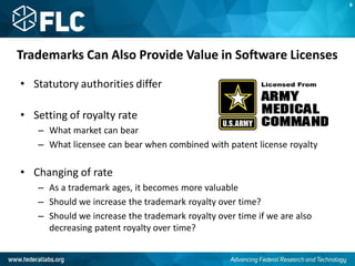 Trademarks Can Also Provide Value in Software Licenses
• Statutory authorities differ
• Setting of royalty rate
– What market can bear
– What licensee can bear when combined with patent license royalty
• Changing of rate
– As a trademark ages, it becomes more valuable
– Should we increase the trademark royalty over time?
– Should we increase the trademark royalty over time if we are also
decreasing patent royalty over time?
B
 