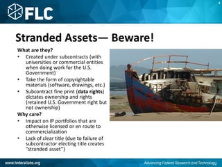 Stranded Assets— Beware!
What are they?
• Created under subcontracts (with
universities or commercial entities
when doing work for the U.S.
Government)
• Take the form of copyrightable
materials (software, drawings, etc.)
• Subcontract fine print (data rights)
dictates ownership and rights
(retained U.S. Government right but
not ownership)
Why care?
• Impact on IP portfolios that are
otherwise licensed or en route to
commercialization
• Lack of clear title (due to failure of
subcontractor electing title creates
“stranded asset”)
K
 