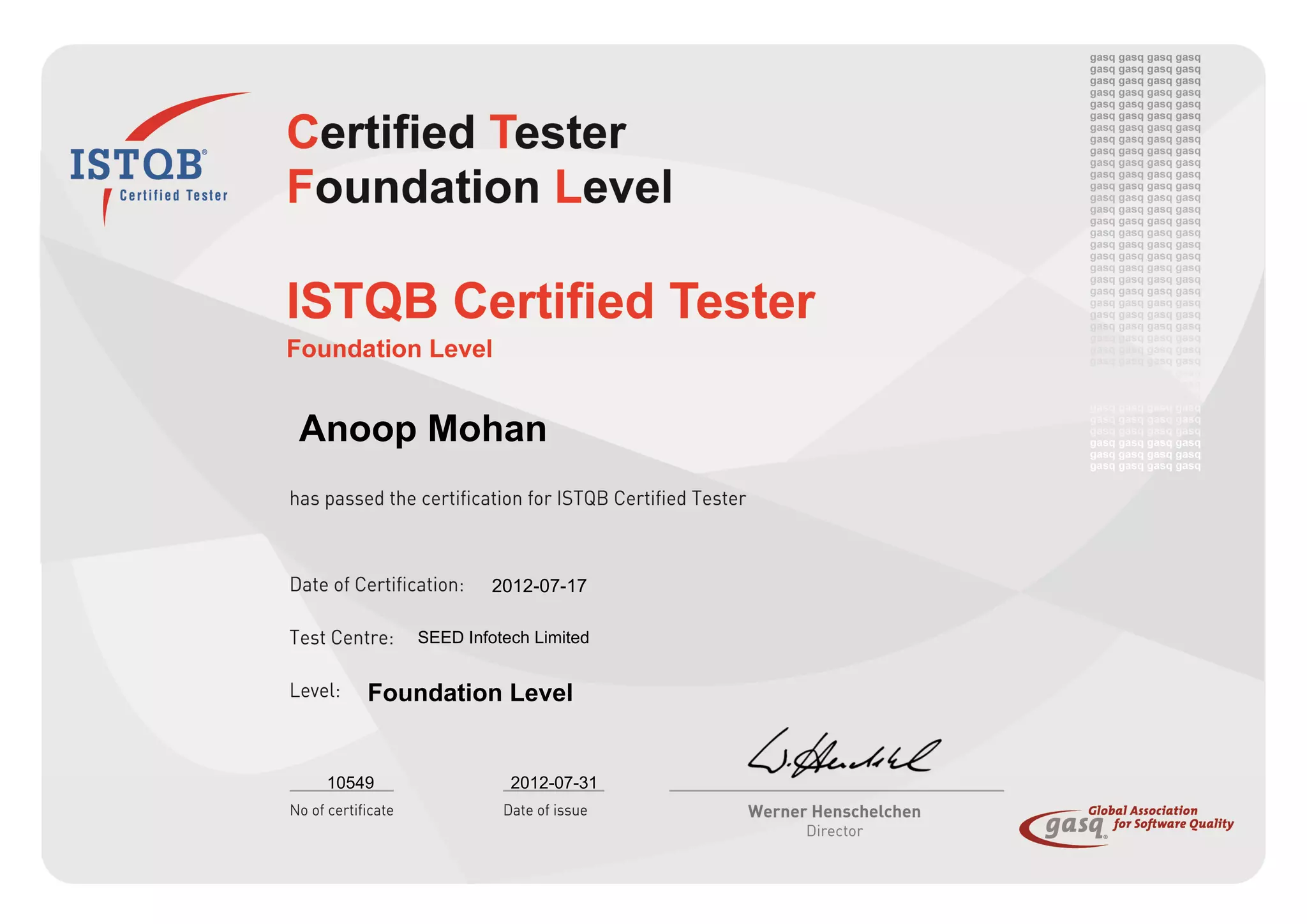 Anoop Mohan ISTQB Certificate PDF