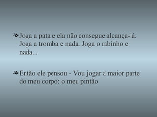 Joga a pata e ela não consegue alcança-lá. Joga a tromba e nada. Joga o rabinho e nada... Então ele pensou - Vou jogar a maior parte do meu corpo: o meu pintão 