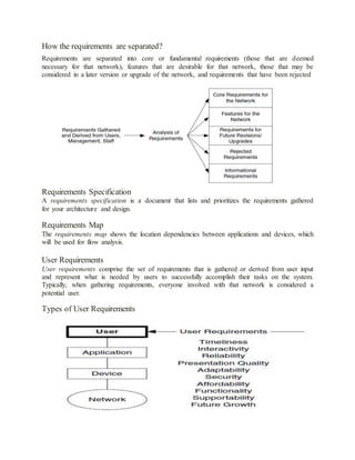 How the requirements are separated?
Requirements are separated into core or fundamental requirements (those that are deemed
necessary for that network), features that are desirable for that network, those that may be
considered in a later version or upgrade of the network, and requirements that have been rejected
Requirements Specification
A requirements specification is a document that lists and prioritizes the requirements gathered
for your architecture and design.
Requirements Map
The requirements map shows the location dependencies between applications and devices, which
will be used for flow analysis.
User Requirements
User requirements comprise the set of requirements that is gathered or derived from user input
and represent what is needed by users to successfully accomplish their tasks on the system.
Typically, when gathering requirements, everyone involved with that network is considered a
potential user.
Types of User Requirements
 