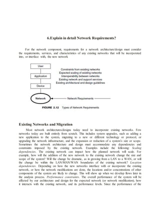 6.Explain in detail Network Requirements?
For the network component, requirements for a network architecture/design must consider
the requirements, services, and characteristics of any existing networks that will be incorporated
into, or interface with, the new network
Existing Networks and Migration
Most network architectures/designs today need to incorporate existing networks. Few
networks today are built entirely from scratch. This includes system upgrades, such as adding a
new application to the system, migrating to a new or different technology or protocol, or
upgrading the network infrastructure, and the expansion or reduction of a system’s size or scope.
Sometimes the network architecture and design must accommodate any dependencies and
constraints imposed by the existing network. Examples include the following: Scaling
dependencies. The existing network can impact how the planned network will scale. For
example, how will the addition of the new network to the existing network change the size and
scope of the system? Will the change be dramatic, as in growing from a LAN to a WAN, or will
the change be within the LAN/MAN/WAN boundaries of the existing network? Location
dependencies. Depending on how the new networks interface with or incorporate the existing
network, or how the network modifications are done, the locations and/or concentrations of other
components of the system are likely to change. This will show up when we develop flows later in
the analysis process. Performance constraints. The overall performance of the system will be
affected by our architecture and design for the expected network (or network modification), how
it interacts with the existing network, and its performance levels. Since the performance of the
 