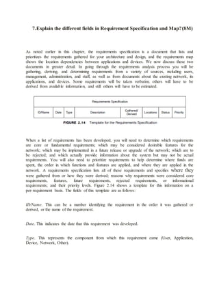 7.Explain the different fields in Requirement Specification and Map?(8M)
As noted earlier in this chapter, the requirements specification is a document that lists and
prioritizes the requirements gathered for your architecture and design, and the requirements map
shows the location dependencies between applications and devices. We now discuss these two
documents in greater detail. In going through the requirements analysis process you will be
gathering, deriving, and determining requirements from a variety of sources, including users,
management, administration, and staff, as well as from documents about the existing network, its
applications, and devices. Some requirements will be taken verbatim; others will have to be
derived from available information, and still others will have to be estimated.
When a list of requirements has been developed, you will need to determine which requirements
are core or fundamental requirements; which may be considered desirable features for the
network; which may be implemented in a future release or upgrade of the network; which are to
be rejected; and which actually provide information about the system but may not be actual
requirements. You will also need to prioritize requirements to help determine where funds are
spent, the order in which functions and features are applied, and where they are applied in the
network. A requirements specification lists all of these requirements and specifies where they
were gathered from or how they were derived; reasons why requirements were considered core
requirements, features, future requirements, rejected requirements, or informational
requirements; and their priority levels. Figure 2.14 shows a template for this information on a
per-requirement basis. The fields of this template are as follows:
ID/Name. This can be a number identifying the requirement in the order it was gathered or
derived, or the name of the requirement.
Date. This indicates the date that this requirement was developed.
Type. This represents the component from which this requirement came (User, Application,
Device, Network, Other).
 