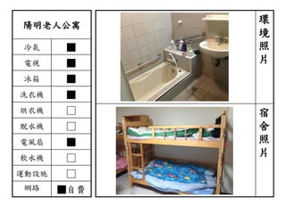 陽明老人公寓
冷氣 ■
電視 ■
冰箱 ■
洗衣機 ■
烘衣機 □
脫水機 □
電風扇 ■
飲水機 □
運動設施 □
網路 ■自費
環
境
照
片
宿
舍
照
片
 