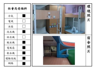 社會局老福科
冷氣 ■
電視 □
冰箱 □
洗衣機 ■
烘衣機 □
脫水機 ■
電風扇 ■
飲水機 ■
運動設施 ■
網路 ■
環
境
照
片
宿
舍
照
片
 