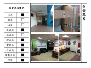 社會局秘書室
冷氣 ■
電視 □
冰箱 □
洗衣機 ■
烘衣機 □
脫水機 ■
電風扇 ■
飲水機 ■
運動設施 ■
網路 ■
宿
舍
照
片
 