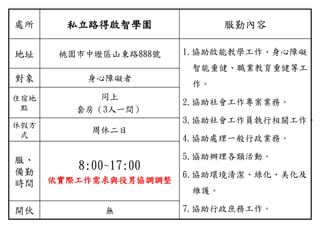 處所 私立路得啟智學園 服勤內容
地址 桃園市中壢區山東路888號 1.協助啟能教學工作、身心障礙
智能重健、職業教育重健等工
作。
2.協助社會工作專案業務。
3.協助社會工作員執行相關工作。
4.協助處理一般行政業務。
5.協助辦理各類活動。
6.協助環境清潔、綠化、美化及
維護。
7.協助行政庶務工作。
對象 身心障礙者
住宿地
點
同上
套房（3人一間）
休假方
式
周休二日
服、
備勤
時間
8:00~17:00
依實際工作需求與役男協調調整
開伙 無
 