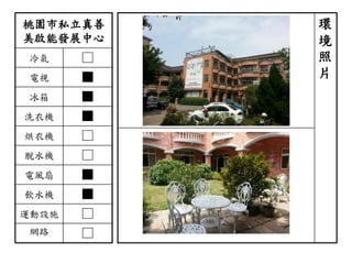 桃園市私立真善
美啟能發展中心
冷氣 □
電視 ■
冰箱 ■
洗衣機 ■
烘衣機 □
脫水機 □
電風扇 ■
飲水機 ■
運動設施 □
網路 □
環
境
照
片
 