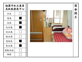 桃園市私立真善
美啟能發展中心
冷氣 □
電視 ■
冰箱 ■
洗衣機 ■
烘衣機 □
脫水機 □
電風扇 ■
飲水機 ■
運動設施 □
網路 □
宿
舍
照
片
 