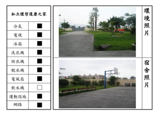 私立懷哲復康之家
冷氣 ■
電視 ■
冰箱 ■
洗衣機 ■
烘衣機 ■
脫水機 ■
電風扇 ■
飲水機 □
運動設施 ■
網路 ■
環
境
照
片
宿
舍
照
片
 