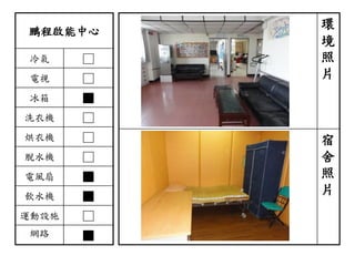 鵬程啟能中心
冷氣 □
電視 □
冰箱 ■
洗衣機 □
烘衣機 □
脫水機 □
電風扇 ■
飲水機 ■
運動設施 □
網路 ■
環
境
照
片
宿
舍
照
片
 