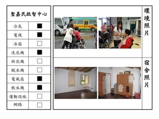 聖嘉民啟智中心
冷氣 ■
電視 ■
冰箱 □
洗衣機 ■
烘衣機 □
脫水機 □
電風扇 ■
飲水機 ■
運動設施 □
網路 □
環
境
照
片
宿
舍
照
片
 