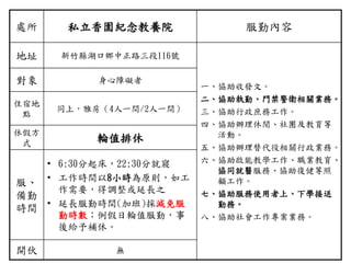 處所 私立香園紀念教養院 服勤內容
地址 新竹縣湖口鄉中正路三段116號
一、協助收發文。
二、協助執勤、門禁警衛相關業務。
三、協助行政庶務工作。
四、協助辦理休閒、社團及教育等
活動。
五、協助辦理替代役相關行政業務。
六、協助啟能教學工作、職業教育、
協同就醫服務、協助復健等照
顧工作。
七、協助服務使用者上、下學接送
勤務。
八、協助社會工作專案業務。
對象 身心障礙者
住宿地
點
同上，雅房（4人一間/2人一間）
休假方
式 輪值排休
服、
備勤
時間
• 6:30分起床，22:30分就寢
• 工作時間以8小時為原則，如工
作需要，得調整或延長之
• 延長服勤時間(加班)採減免服
勤時數；例假日輪值服勤，事
後給予補休。
開伙 無
 