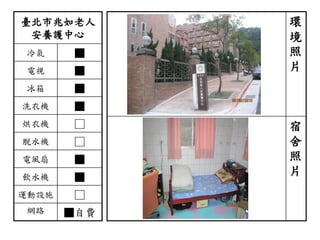 臺北市兆如老人
安養護中心
冷氣 ■
電視 ■
冰箱 ■
洗衣機 ■
烘衣機 □
脫水機 □
電風扇 ■
飲水機 ■
運動設施 □
網路 ■自費
環
境
照
片
宿
舍
照
片
 