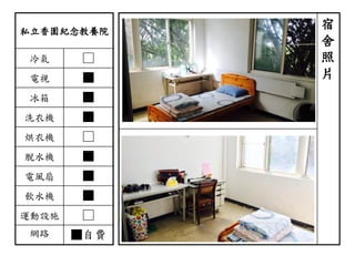 私立香園紀念教養院
冷氣 □
電視 ■
冰箱 ■
洗衣機 ■
烘衣機 □
脫水機 ■
電風扇 ■
飲水機 ■
運動設施 □
網路 ■自費
宿
舍
照
片
 