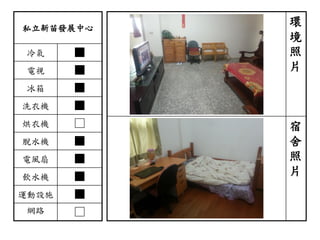 私立新苗發展中心
冷氣 ■
電視 ■
冰箱 ■
洗衣機 ■
烘衣機 □
脫水機 ■
電風扇 ■
飲水機 ■
運動設施 ■
網路 □
環
境
照
片
宿
舍
照
片
 