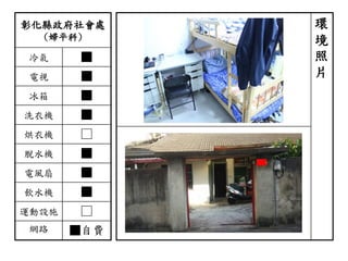 彰化縣政府社會處
(婦平科)
冷氣 ■
電視 ■
冰箱 ■
洗衣機 ■
烘衣機 □
脫水機 ■
電風扇 ■
飲水機 ■
運動設施 □
網路 ■自費
環
境
照
片
 