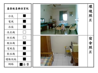 基督教喜樂保育院
冷氣 ■
電視 ■
冰箱 ■
洗衣機 □
烘衣機 □
脫水機 ■
電風扇 ■
飲水機 ■
運動設施 ■
網路 ■自費
環
境
照
片
宿
舍
照
片
 