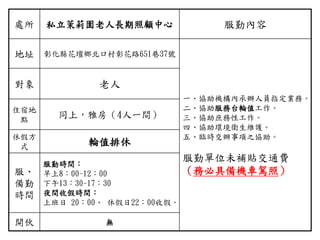 處所 私立茉莉園老人長期照顧中心 服勤內容
地址 彰化縣花壇鄉北口村彰花路651巷37號
一、協助機構內承辦人員指定業務。
二、協助服務台輪值工作。
三、協助庶務性工作。
四、協助環境衛生維護。
五、臨時交辦事項之協助。
服勤單位未補貼交通費
（務必具備機車駕照）
對象 老人
住宿地
點
同上，雅房（4人一間）
休假方
式 輪值排休
服、
備勤
時間
服勤時間：
早上8：00-12：00
下午13：30-17：30
夜間收假時間：
上班日 20：00、 休假日22：00收假。
開伙 無
 