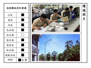 南投縣政府社會處
冷氣 ■
電視 ■
冰箱 ■
洗衣機 ■
烘衣機 □
脫水機 ■
電風扇 ■
飲水機 ■
運動設施 ■
網路 ■自費
環
境
照
片
 