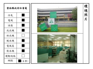 雲林縣政府社會處
冷氣 ■
電視 ■
冰箱 ■
洗衣機 ■
烘衣機 □
脫水機 ■
電風扇 ■
飲水機 ■
運動設施 □
網路 ■(自費)
環
境
照
片
 