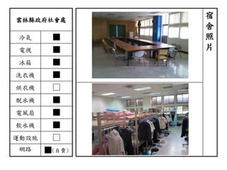 雲林縣政府社會處
冷氣 ■
電視 ■
冰箱 ■
洗衣機 ■
烘衣機 □
脫水機 ■
電風扇 ■
飲水機 ■
運動設施 □
網路 ■(自費)
宿
舍
照
片
 