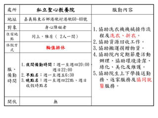 處所 私立聖心教養院 服勤內容
地址 嘉義縣東石鄉港墘村港墘60-40號
1.協助洗衣機機械操作流
程及洗衣、折衣。
2.協助資源回收工作。
3.協助搬運捐贈物資。
4.協助院內定期節慶活動
辦理、協助環境清潔、
綠化、美化及維護。
5.協助院生上下學接送勤
務、返家服務及協同就
醫服務。
對象 身心障礙者
住宿地
點
同上，雅房（ 2人一間）
休假方
式
輪值排休
服、
備勤
時間
1.夜間備勤時間：週一至週四20:00、
週日22:00
2.早點名：週一至週五6:30
3.晚點名：週一至週四22點、週日
收假時點名
開伙 無
 