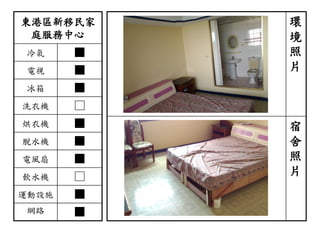 東港區新移民家
庭服務中心
冷氣 ■
電視 ■
冰箱 ■
洗衣機 □
烘衣機 ■
脫水機 ■
電風扇 ■
飲水機 □
運動設施 ■
網路 ■
環
境
照
片
宿
舍
照
片
 