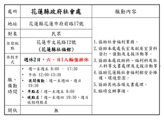 處所 花蓮縣政府社會處 服勤內容
地址 花蓮縣花蓮市府前路17號
1.協助社會福利業務。
2.協助本處處長室及副座室資料
登打、值勤及支援活動等。
3.協助本處救助科、福利科及社
工科等文書處理及支援活動等。
4.協助花蓮縣社會福利館安全維
護、環境整潔。
5.協助其他各項文書處理。
6.臨時交辦事項。
對象 民眾
住宿地
點
花蓮市文苑路12號
(花蓮縣社福館)
休假方
式
週休2日，六、日1人輪值排休
服、
備勤
時間
• 週一至週五 8:00 – 17:30
• 午休 12:00-13:30
• 夜間備勤：週一至週四、週日
19:30
• 早點名：週一至週五 8:00
• 晚點名：週一至週四 19:30、週日
收假時點名
開伙 無
 