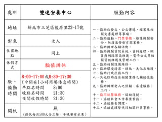 處所 雙連安養中心 服勤內容
地址 新北市三芝區後厝里22-17號 一、協助收發文、公文傳遞、檔案及相
關文書處理等事項。
二、協助值勤、門禁警衛、維護機關安
全、防護及管制有關業務。
三、協助辦理各類活動。
四、協助機關資訊系統、資料處理、網
頁與網路架設維護、電子公文等相
關資訊維護及管理工作。
五、協助相關設備維修。
六、協助環境清潔、綠化、美化及維護。
七、協助行政庶務工作。
八、其他臨時指派相關業務之輔助性勤
務。
九、協助辦理老人之照顧﹝床邊服務﹞
工作。
十、協同就醫服務、協助復健。
十一、協助社會工作專案業務。
十二、協助膳食調理。
十三、協助處理替代役相關行業事務。
對象 老人
住宿地
點
同上
休假方
式 輪值排休
服、
備勤
時間
8:00-17:00或8:30-17:30
(中間有1小時用餐休息時間)
早點名時間 8:00
晚點名時間 21:30
夜間收假時間 21:30
開伙 無
(搭伙每月500元含三餐，午晚餐有水果）
 