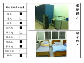 新竹市政府社會處
冷氣 ■
電視 □
冰箱 ■
洗衣機 ■
烘衣機 □
脫水機 □
電風扇 ■
飲水機 ■
運動設施 □
網路 ■
環
境
照
片
宿
舍
照
片
 