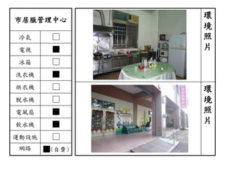市居服管理中心
冷氣 □
電視 ■
冰箱 □
洗衣機 ■
烘衣機 □
脫水機 □
電風扇 ■
飲水機 ■
運動設施 □
網路 ■(自費)
環
境
照
片
環
境
照
片
 