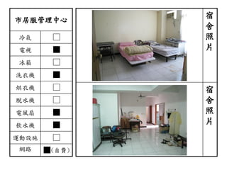 市居服管理中心
冷氣 □
電視 ■
冰箱 □
洗衣機 ■
烘衣機 □
脫水機 □
電風扇 ■
飲水機 ■
運動設施 □
網路 ■(自費)
宿
舍
照
片
宿
舍
照
片
 