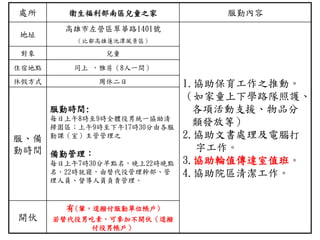 處所 衛生福利部南區兒童之家 服勤內容
地址
高雄市左營區翠華路1401號
（比鄰高雄蓮池潭風景區）
1.協助保育工作之推動。
（如家童上下學路隊照護、
各項活動支援、物品分
類發放等）
2.協助文書處理及電腦打
字工作。
3.協助輪值傳達室值班。
4.協助院區清潔工作。
對象 兒童
住宿地點 同上 ，雅房（8人一間）
休假方式 周休二日
服、備
勤時間
服勤時間:
每日上午8時至9時全體役男統一協助清
掃園區；上午9時至下午17時30分由各服
勤課（室）主管管理之
備勤管理：
每日上午7時30分早點名，晚上22時晚點
名，22時就寢，由替代役管理幹部、管
理人員、督導人員負責管理。
開伙
有(葷，逕撥付服勤單位帳戶)
若替代役男吃素，可參加不開伙（逕撥
付役男帳戶）
 