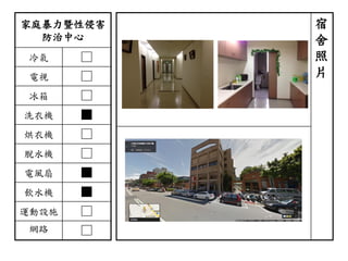 家庭暴力暨性侵害
防治中心
冷氣 □
電視 □
冰箱 □
洗衣機 ■
烘衣機 □
脫水機 □
電風扇 ■
飲水機 ■
運動設施 □
網路 □
宿
舍
照
片
 
