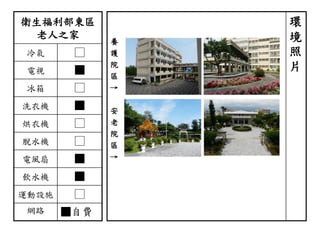 衛生福利部東區
老人之家
冷氣 □
電視 ■
冰箱 □
洗衣機 ■
烘衣機 □
脫水機 □
電風扇 ■
飲水機 ■
運動設施 □
網路 ■自費
養
護
院
區
→
安
老
院
區
→
環
境
照
片
 
