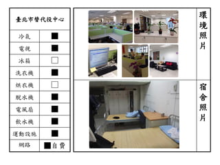 臺北市替代役中心
冷氣 ■
電視 ■
冰箱 □
洗衣機 ■
烘衣機 □
脫水機 ■
電風扇 ■
飲水機 ■
運動設施 ■
網路 ■自費
環
境
照
片
宿
舍
照
片
 