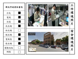 新北市政府社會局
冷氣 ■
電視 ■
冰箱 ■
洗衣機 ■
烘衣機 □
脫水機 ■
電風扇 ■
飲水機 ■
運動設施 □
網路 □
工
作
環
境
照
片
宿
舍
環
境
照
片
 