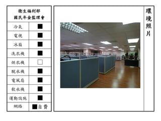 衛生福利部
國民年金監理會
冷氣 ■
電視 ■
冰箱 ■
洗衣機 ■
烘衣機 □
脫水機 ■
電風扇 ■
飲水機 ■
運動設施 ■
網路 ■自費
環
境
照
片
 