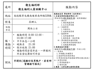 處所
衛生福利部
衛生福利人員訓練中心
服勤內容
地址 南投縣草屯鎮南埔里南坪路528號
教務組役男 帶班幹部（役男專訓）
1.社會役專業訓練班帶班工作：
(帶班時間由06:20至22:30，夜間須備勤)
一、值星官
1.課堂規範管理
2.生活紀律訓練
二、內務幹部
1.內務評比
2.成績考核管理
三、勤務幹部
1.役男健康管理
2.教師教具、器材準備
四、專訓期間共通性業務
1.確保專訓流程順利進行
2.危機處理與通報
2.教務組組內業務：
(服勤時間由08:00至17:00，午休1小時)
一、學員班
1.多媒體公告欄製作
2.協助學員班開班事宜
3.學員班班後問卷建檔(SPSS次數分配表)
二、經常性業務
1.學員服務窗口
2.電話代接
3.職員、主管交辦之臨時性業務
對象 承辦人
休假
方式
周休二日
服、
備勤
時間
• 服勤時間 8:00~12:00、
13:00~17:00
• 中午休息一小時
• 晚點名 21:30
• 假日收假 21:00
• 備勤時間若需外出，一律填列
外出登記簿始可外出
開伙
半開伙(逕撥付役男帳戶，若有研
習課程可搭伙)
 