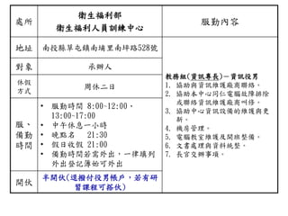 處所
衛生福利部
衛生福利人員訓練中心
服勤內容
地址 南投縣草屯鎮南埔里南坪路528號
教務組(資訊專長)－資訊役男
1. 協助與資訊維護廠商聯絡。
2. 協助本中心同仁電腦故障排除
或聯絡資訊維護廠商叫修。
3. 協助中心資訊設備的維護與更
新。
4. 機房管理。
5. 電腦教室維護及開班整備。
6. 文書處理與資料統整。
7. 長官交辦事項。
對象 承辦人
休假
方式
周休二日
服、
備勤
時間
• 服勤時間 8:00~12:00、
13:00~17:00
• 中午休息一小時
• 晚點名 21:30
• 假日收假 21:00
• 備勤時間若需外出，一律填列
外出登記簿始可外出
開伙
半開伙(逕撥付役男帳戶，若有研
習課程可搭伙)
 