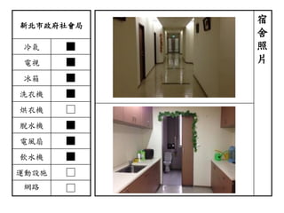 新北市政府社會局
冷氣 ■
電視 ■
冰箱 ■
洗衣機 ■
烘衣機 □
脫水機 ■
電風扇 ■
飲水機 ■
運動設施 □
網路 □
宿
舍
照
片
 