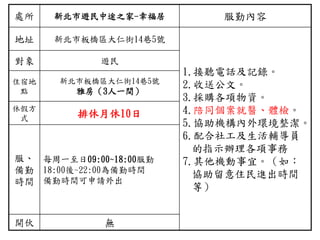 處所 新北市遊民中途之家-幸福居 服勤內容
地址 新北市板橋區大仁街14巷5號
1.接聽電話及記錄。
2.收送公文。
3.採購各項物資。
4.陪同個案就醫、體檢。
5.協助機構內外環境整潔。
6.配合社工及生活輔導員
的指示辦理各項事務
7.其他機動事宜。（如：
協助留意住民進出時間
等）
對象 遊民
住宿地
點
新北市板橋區大仁街14巷5號
雅房（3人一間）
休假方
式 排休月休10日
服、
備勤
時間
每周一至日09:00~18:00服勤
18:00後~22:00為備勤時間
備勤時間可申請外出
開伙 無
 