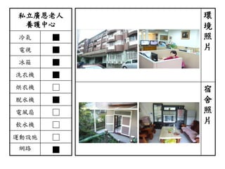 私立廣恩老人
養護中心
冷氣 ■
電視 ■
冰箱 ■
洗衣機 ■
烘衣機 □
脫水機 ■
電風扇 □
飲水機 □
運動設施 □
網路 ■
環
境
照
片
宿
舍
照
片
 