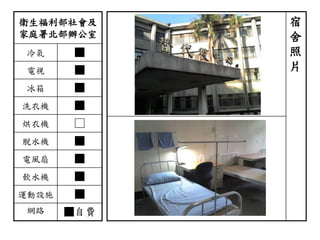 衛生福利部社會及
家庭署北部辦公室
冷氣 ■
電視 ■
冰箱 ■
洗衣機 ■
烘衣機 □
脫水機 ■
電風扇 ■
飲水機 ■
運動設施 ■
網路 ■自費
宿
舍
照
片
 