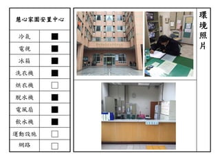 慧心家園安置中心
冷氣 ■
電視 ■
冰箱 ■
洗衣機 ■
烘衣機 □
脫水機 ■
電風扇 ■
飲水機 ■
運動設施 □
網路 □
環
境
照
片
 