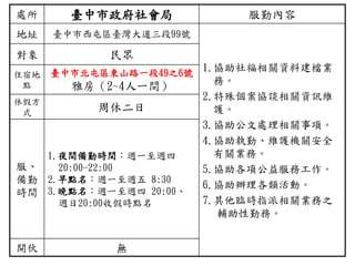 處所 臺中市政府社會局 服勤內容
地址 臺中市西屯區臺灣大道三段99號
1.協助社福相關資料建檔業
務。
2.特殊個案協談相關資訊維
護。
3.協助公文處理相關事項。
4.協助執勤、維護機關安全
有關業務。
5.協助各項公益服務工作。
6.協助辦理各類活動。
7.其他臨時指派相關業務之
輔助性勤務。
對象 民眾
住宿地
點
臺中市北屯區東山路一段49之6號
雅房（2~4人一間）
休假方
式 周休二日
服、
備勤
時間
1.夜間備勤時間：週一至週四
20:00-22:00
2.早點名：週一至週五 8:30
3.晚點名：週一至週四 20:00、
週日20:00收假時點名
開伙 無
 